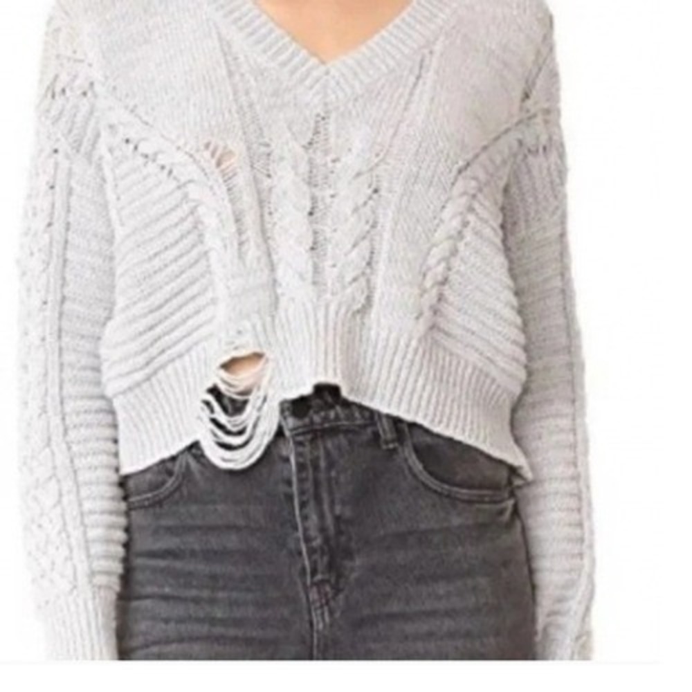 Wildfox Distressed Cable Knit Sweater Womens XS Gray Indie Sleaze Cropped Grunge